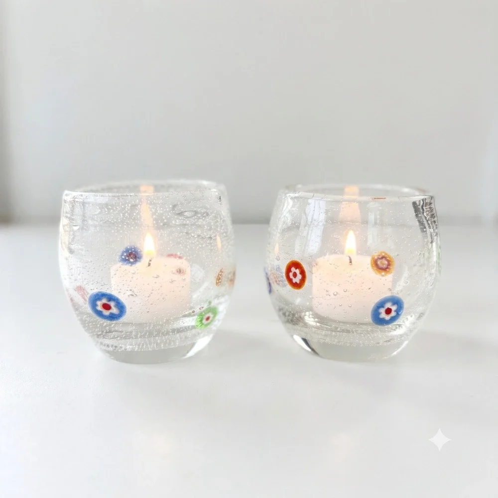 Crate and Barrel Millefiori Zazz Votive Small Bubble Glass Candle Set of 2